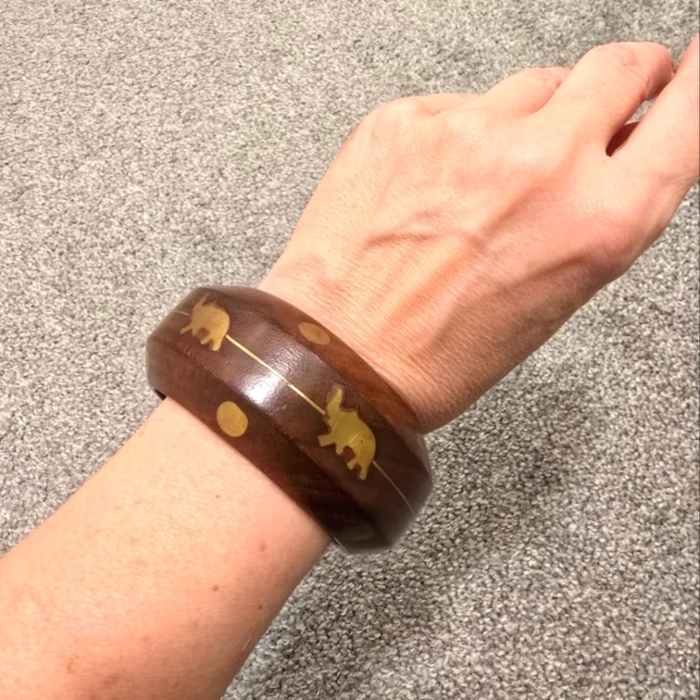 Wood And Brass Elephant Bangle Bracelet Unique Statement Boho Chunky Inlay Art